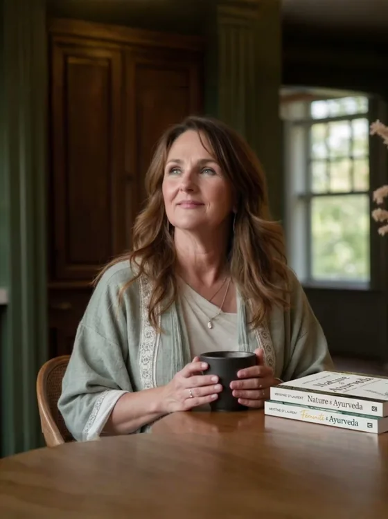 Krystine à sa table, ses livres devant elle